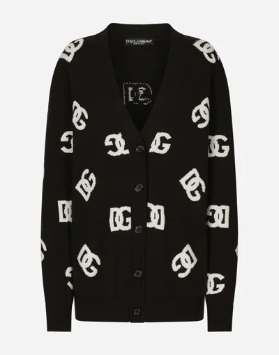 Dolce & Gabbana Wool Cardigan With Dg Inlay In Brown