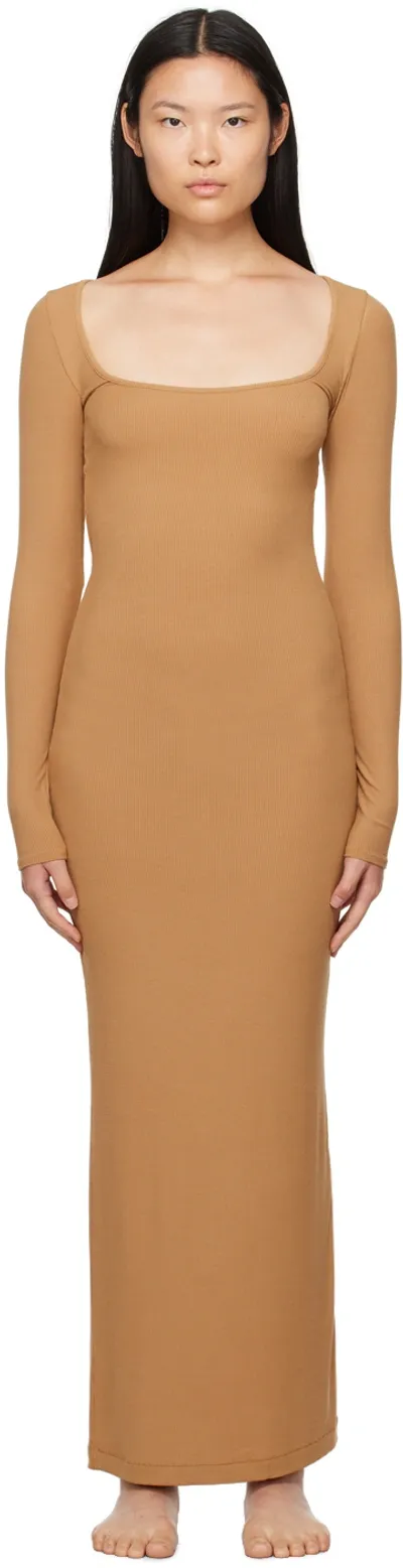 Skims Tan Soft Lounge Long Sleeve Maxi Dress In Camel