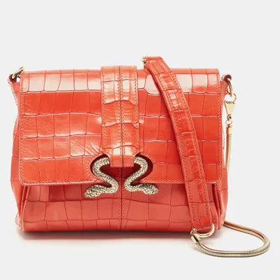 Pre-owned Roberto Cavalli Red Crocodile Embossed Leather Serpenti Flap Chain Bag In Orange