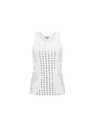 Ganni Sleeveless Beaded Rib Jersey Top In Bright White