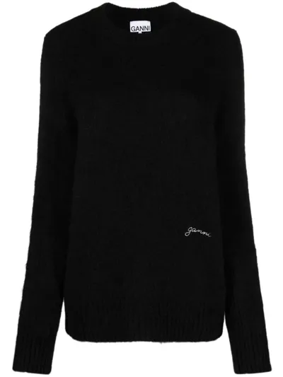 Ganni Logo-embroidered Crew-neck Jumper In Black