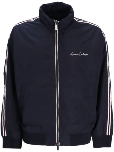 Armani Exchange Logo-embroidered Zipped Bomber Jacket In Deep Navy