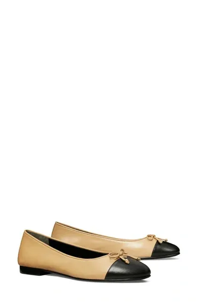 Tory Burch Bicolor Cap-toe Ballerina Flats In Beige