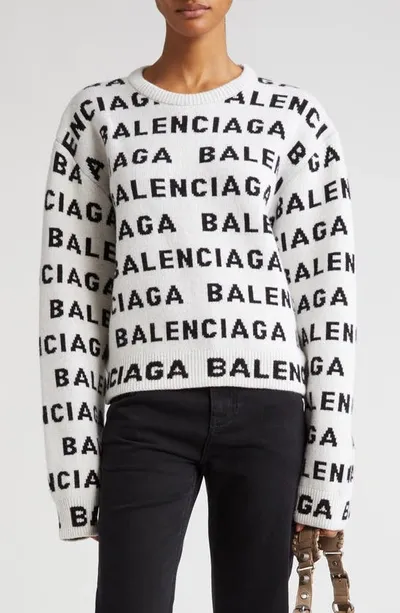 Balenciaga Allover Logo Crop Wool Blend Sweater In White/black