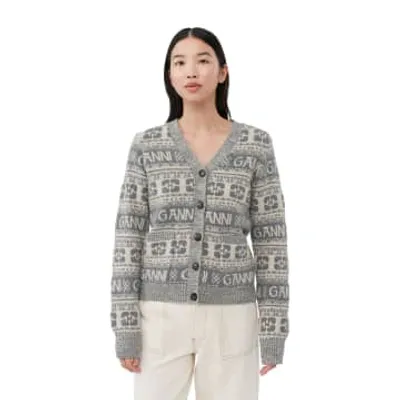 Ganni Long Sleeve Grey Logo Wool Mix Cardigan