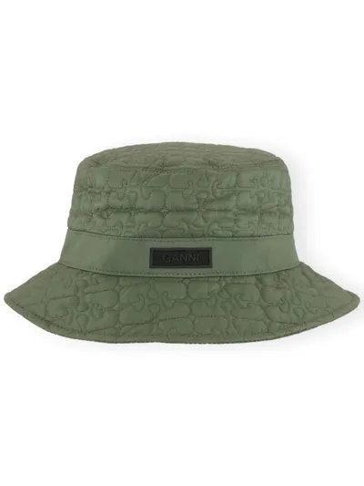 Ganni Logo-patch Quilted Bucket Hat In Green