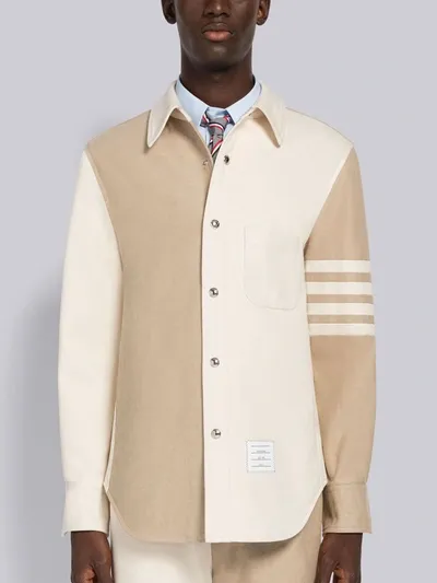 Thom Browne 4-bar Patchwork Denim Shirt In 250 Khaki