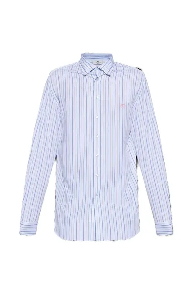 Etro Logo-embroidered Striped Cotton Shirt In Blue