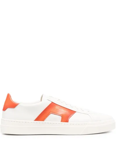 Santoni Double Buckle Sneaker In Leather In White Orange