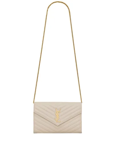 Saint Laurent Cassandre Envelope Leather Chain Wallet In Beige