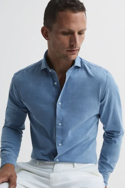 Reiss Blue Washed Chambray Button-through Shirt