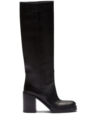 Prada 90mm Knee-high Leather Boots In Black