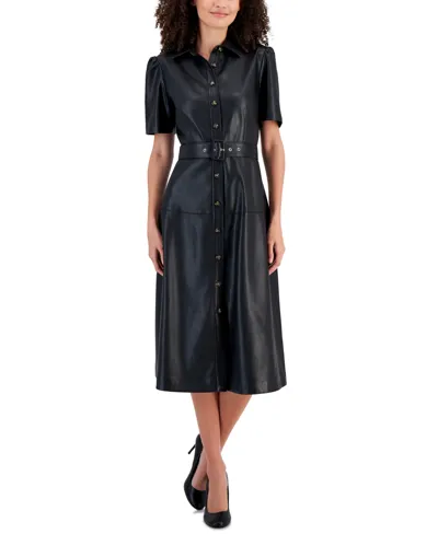 T Tahari Faux Leather Button Front Midi Dress In Black