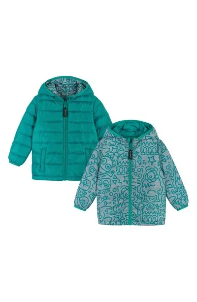 Andy & Evan Kids' Boy's Monsters-print Reversible Puffer Jacket In Aqua