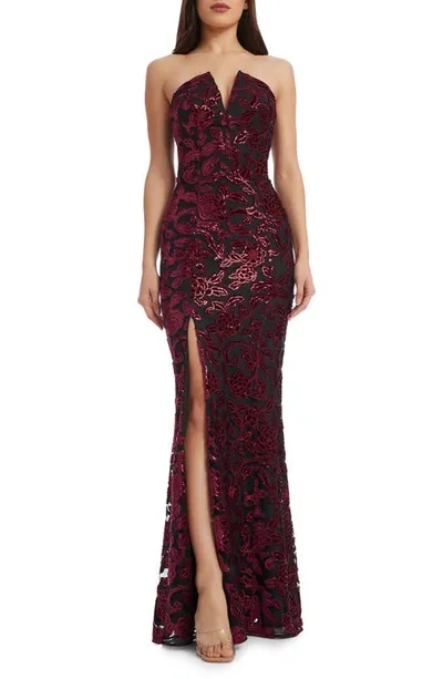 Dress The Population Fernanda Floral Sequin Strapless Evening Gown In Burgundy Black