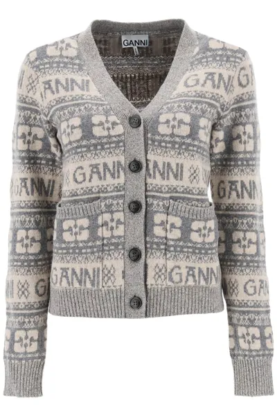 Ganni Logo Cardigan In Grey