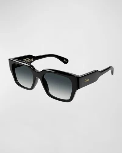 Chloé Acetate Rectangle Sunglasses In Shiny Solid Black