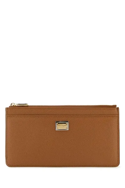 Dolce & Gabbana Logo Plaque Zipped Cardholder In Brown