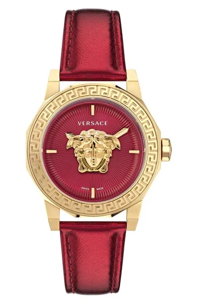 Versace Women's Swiss Medusa Deco Red Leather Strap Watch 38mm In Gold