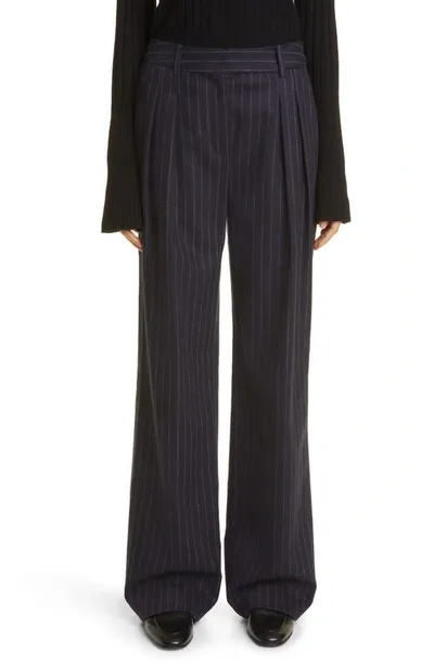 Loulou Studio Amoya Pinstriped Wide Leg Wool Pants In Navy Stripes