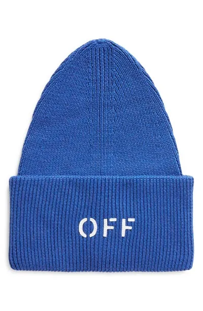 Off-white Off Stamp Loose Knit Cotton Blend Beanie In Dark Blue White