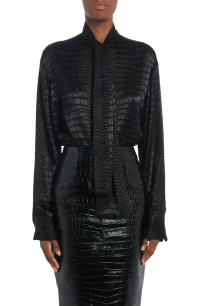 Versace Crocodile Jacquard Neck-scarf Shirt In Black