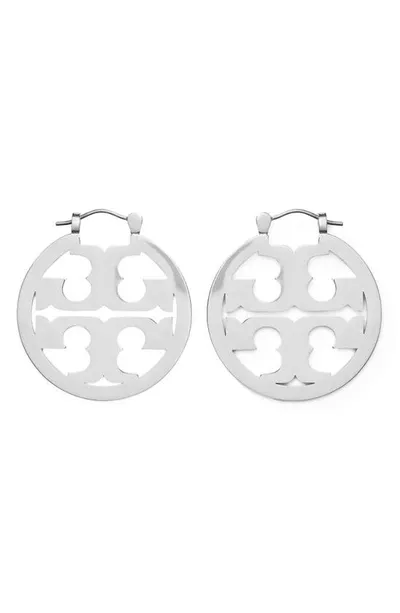 Tory Burch Small Miller Logo Hoop Earrings In Silver