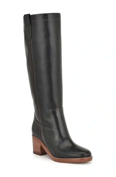 Nine West Hecee Womens Faux Leather Round Toe Knee-high Boots In Black Smooth Leather