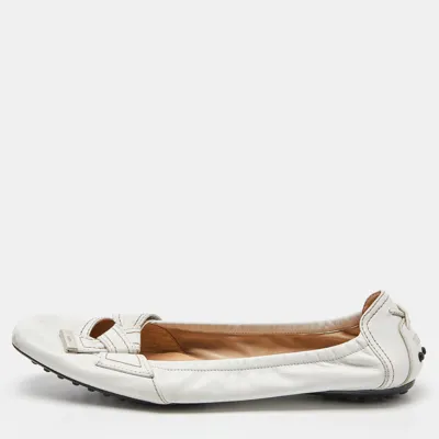 Pre-owned Tod's White Leather Bow Ballet Flats Size 39.5