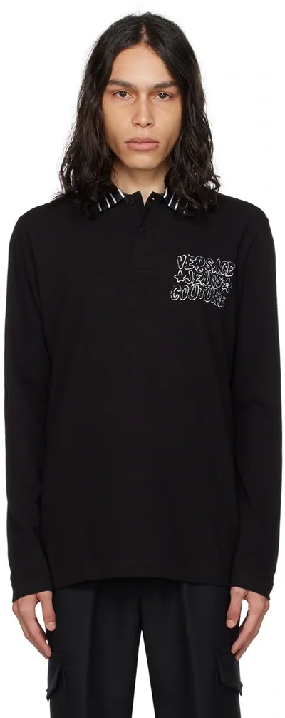 Versace Jeans Couture Black Embroidered Polo In E899 Black