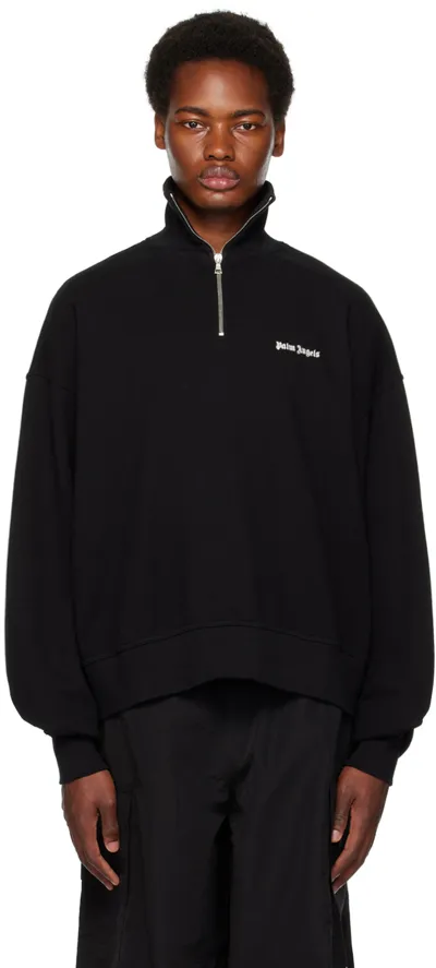 Palm Angels Black Quarter Zip Sweatshirt In Black,white