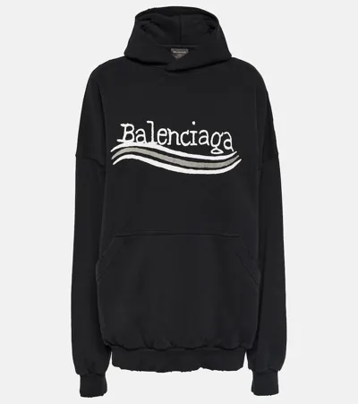 Balenciaga Printed Cotton Jersey Hoodie In Black