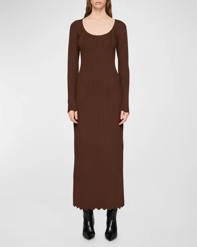 Clea Palmer Scallop-trim Knit Midi Dress In Chocolate