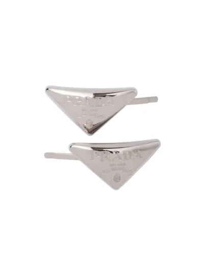 Prada Metal Hair Clips In Silver