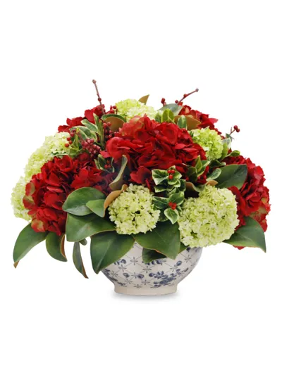 Winward Home Holiday Hydrangea & Magnolia Leaf In Bowl In Red/green