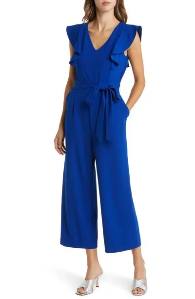 Tahari Asl Flutter Sleeve Wide Leg Jumpsuit In Cobalt