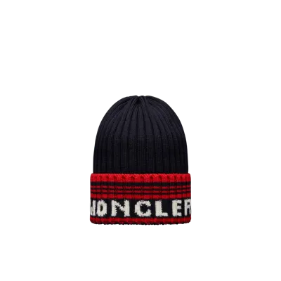 Moncler Collection Logo Wool Beanie Blue In Bleu