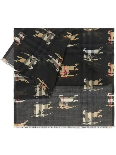 Burberry Check Knight Printed Wool & Silk Scarf In Beige Black