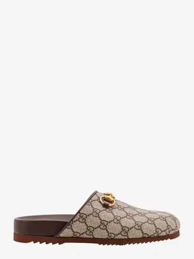 Gucci Gg Supreme Horsebit Slippers In Beige