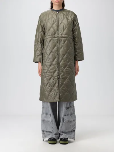 Ganni Long Sleeve Shiny Quilt Long Coat In Green