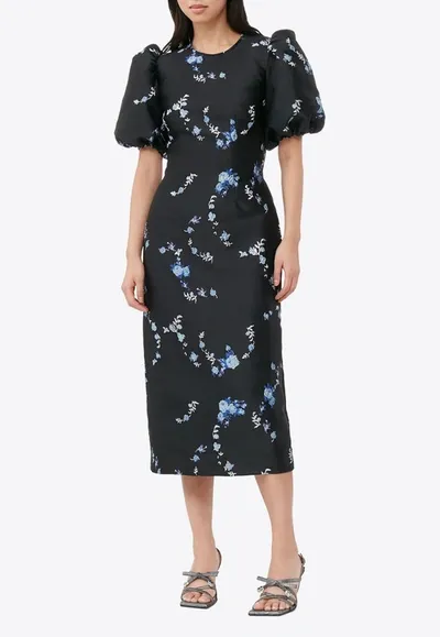 Ganni Floral-jacquard Recycled-blend Twill Midi Dress In Black