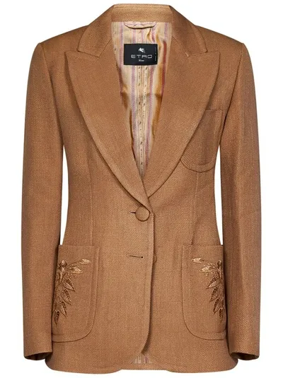 Etro Single Breasted Embroidered Detailed Blazer In Brown