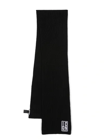 Dsquared2 Logo-patch Knitted Scarf In Black