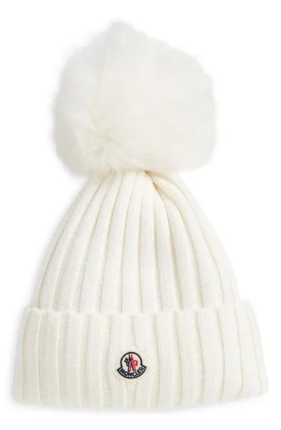 Moncler Virgin Wool Rib Beanie With Faux Fur Pompom In White