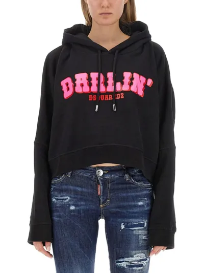 Dsquared2 Logo Printed Drawstring Hoodie In Black