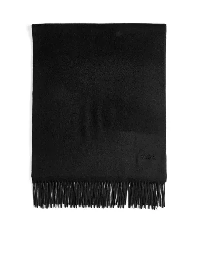 Ermenegildo Zegna Logo Embroidered Fringed Edge Scarf In Black