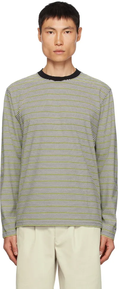 Noah Black & Green Striped Long Sleeve T-shirt In White/black/lime