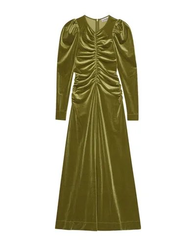 Ganni Long Sleeve Velvet Jersey Long Dress In Green