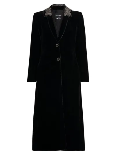 Giorgio Armani Strass Embroidered Stretch Velvet Maxi Coat In Black