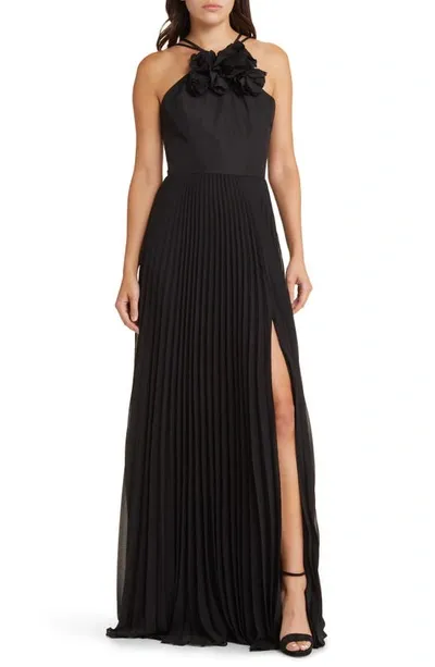 Marchesa Notte Sleeveless Pleated Chiffon Halter Gown In Black